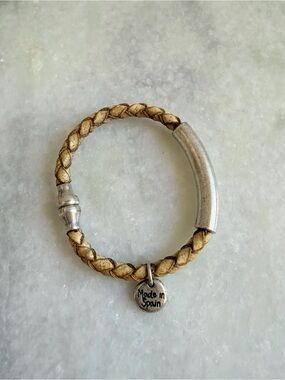 Braided Beige Leather Bracelet with Silver Accent - Made in Spain